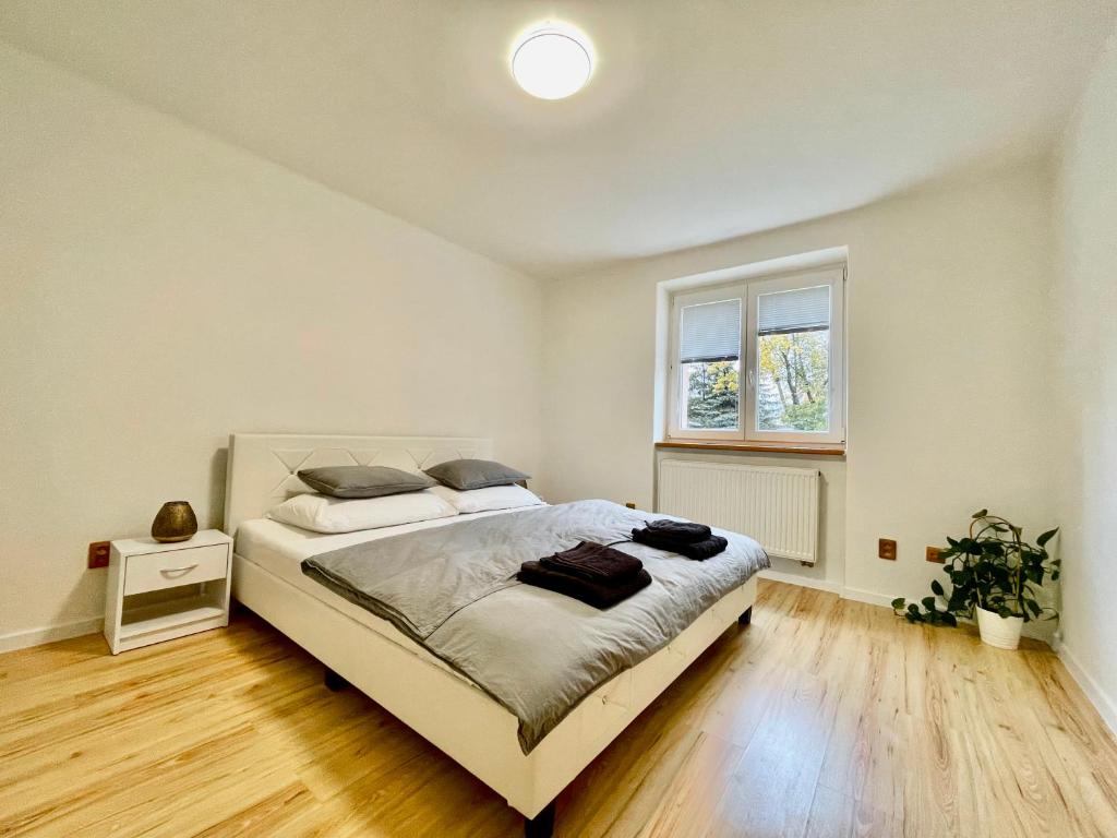 Un dormitorio con una cama grande y una ventana en Apartment City Park, 24H Checkin & City Centre w Free Parking en Piešťany