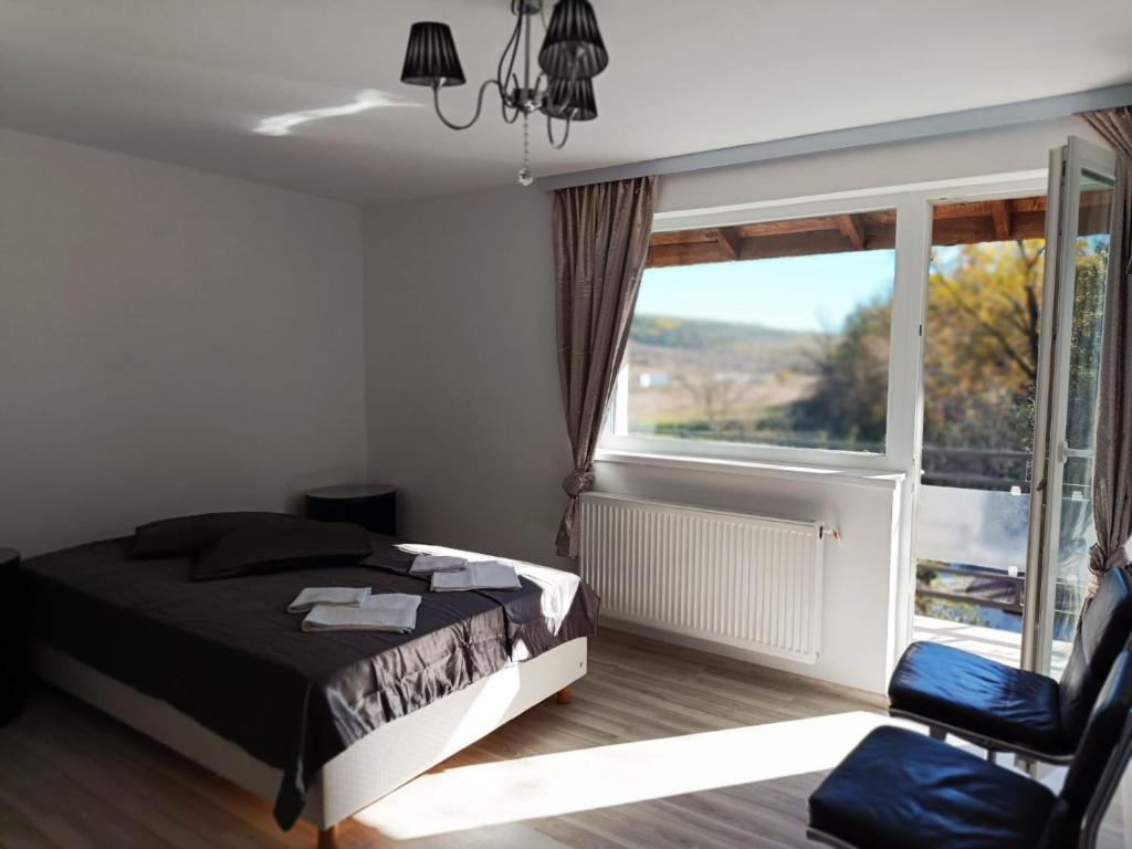- une chambre avec un lit et une grande fenêtre dans l'établissement VIV Rosetti, à Iaşi