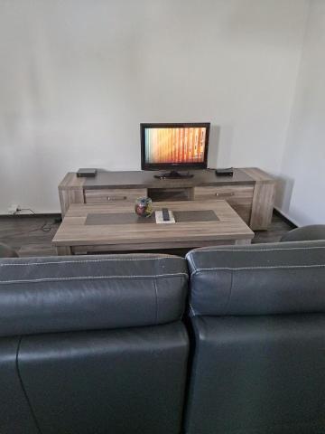 a living room with a couch and a table and a television at Bien proche de Aeroport St Exupéry Village de Marques et Lyon in Diémoz