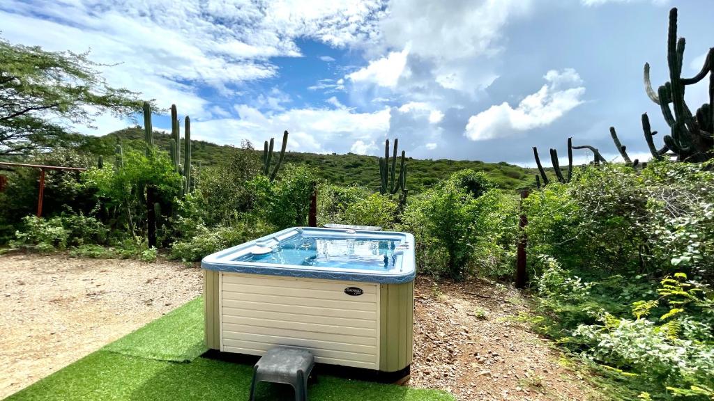 a hot tub in the middle of a garden at Rooi Taki Treasure in Savaneta