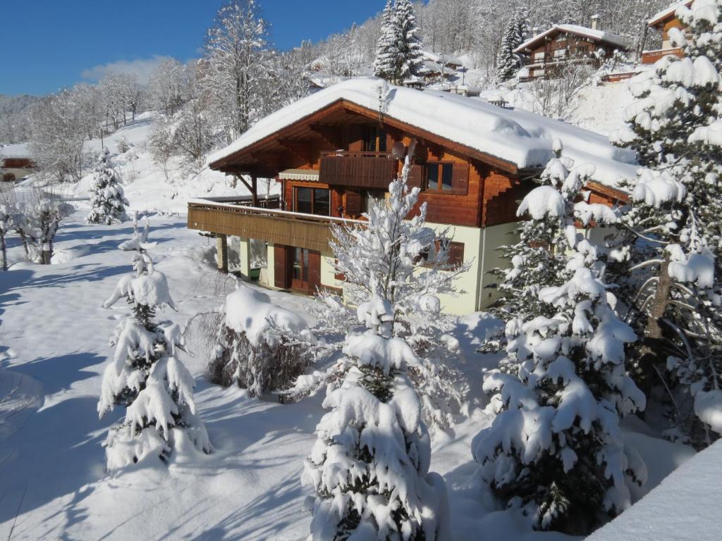 une cabane en rondins dans la neige avec des arbres enneigés dans l'établissement Chalet Gypaète, à La Clusaz