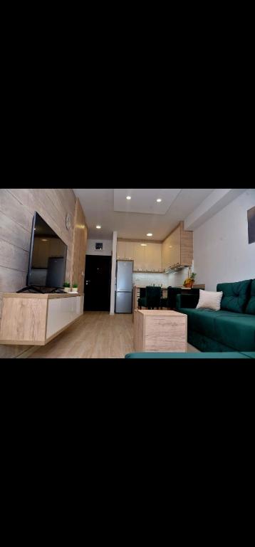 ein Wohnzimmer mit einem grünen Sofa und einer Küche in der Unterkunft DM apartman in Ruma