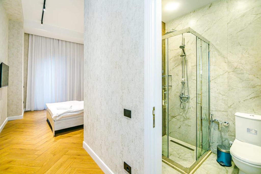 ein Bad mit einer Dusche und einem WC in der Unterkunft Comfort City center 2 bedrooms in Baku