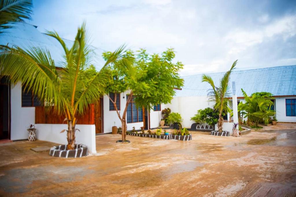 a courtyard with palm trees in front of a building at Bara Accommodations Paje in Paje