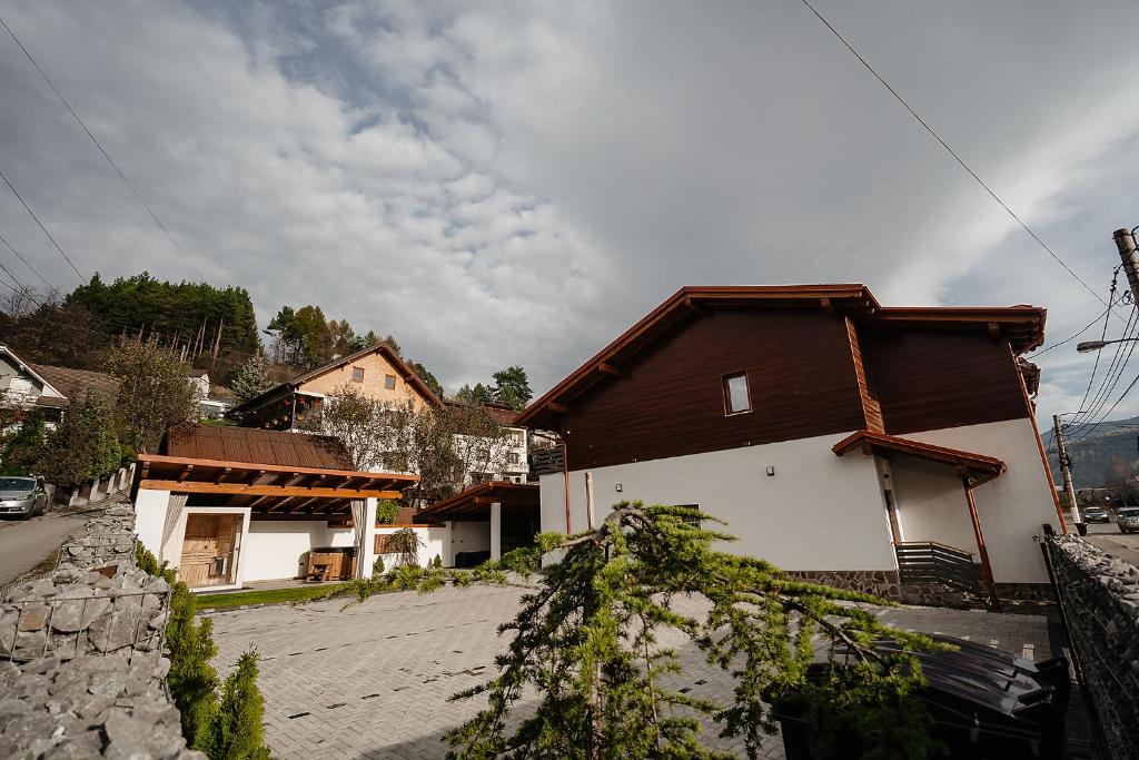 une maison avec un toit marron dans une rue dans l'établissement Casa Mecva, à Borşa