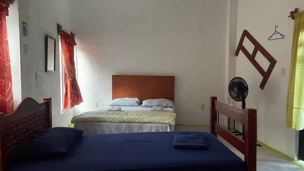 een slaapkamer met 2 bedden in een kamer bij Olmeca hostal Chalcatzingo 