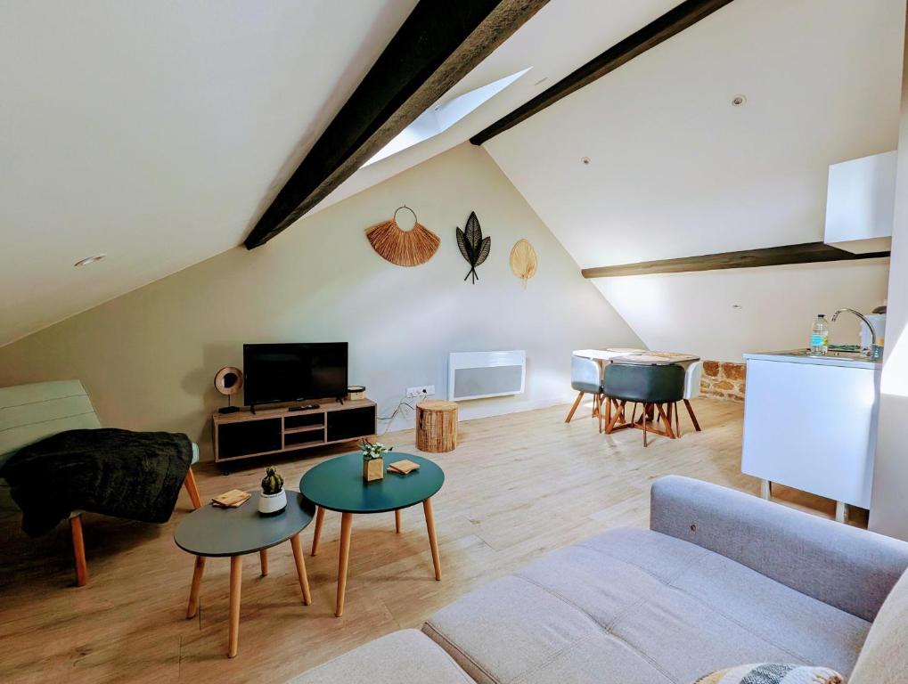 un salon avec un canapé et une télévision dans l'établissement STUDIO COPENHAGUE - Confort et Luminosité, à Charleville-Mézières