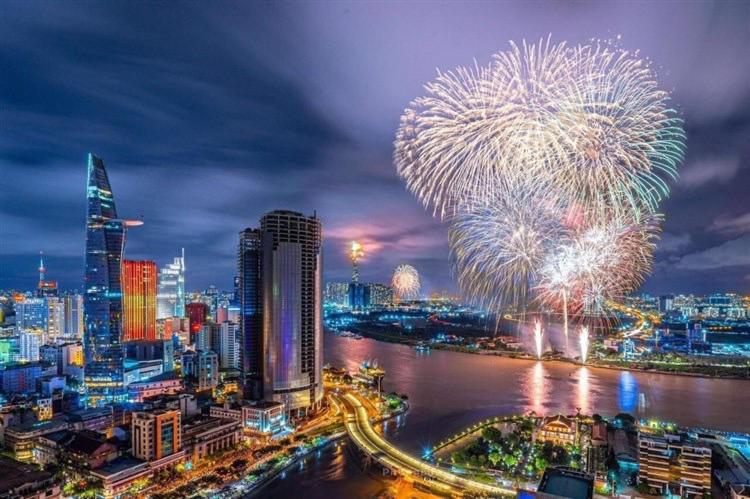 a firework display in a city at night at 2Br-Top Fl-Amazing View-Hana Apt in Ho Chi Minh City