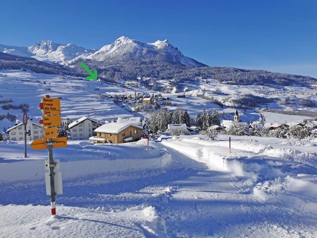 a snow covered village with a mountain in the background at Gruppen- & Familienhaus Parsonz in Reams