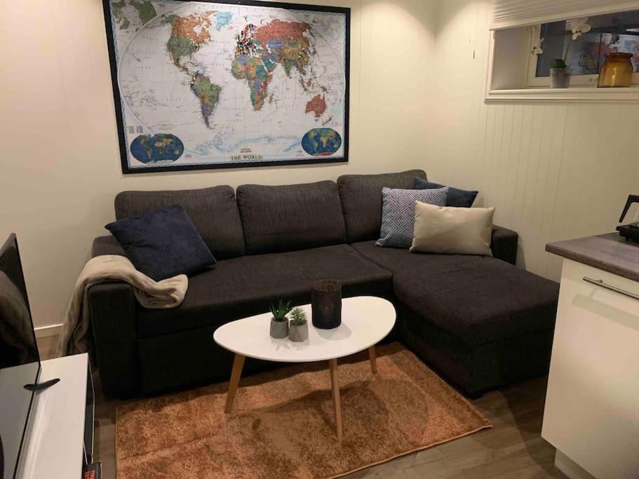 een woonkamer met een bank en een tafel bij Gimle cozy apartment in Tromsø