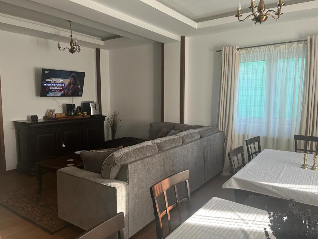 uma sala de estar com um sofá e uma mesa de jantar em Vila Miro Monte em Buşteni