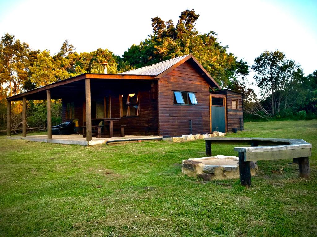 eine Holzhütte mit einer Bank davor in der Unterkunft Pura Vida Forest Cabin in Witelsbos
