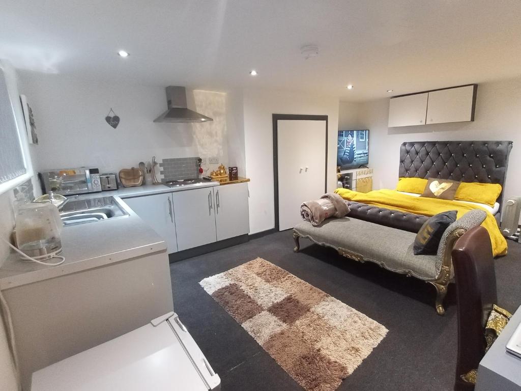 a living room with a bed and a kitchen at Beautiful En-suite Studio in Leeds -Lower Floor in Leeds