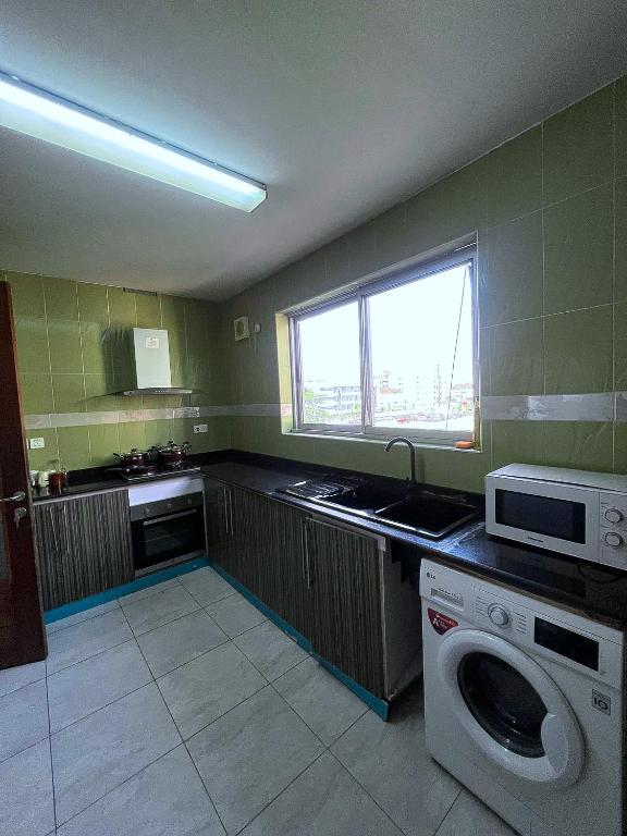 uma cozinha com um lavatório e uma máquina de lavar roupa em Luxury 2bedroom apartment em Lagos