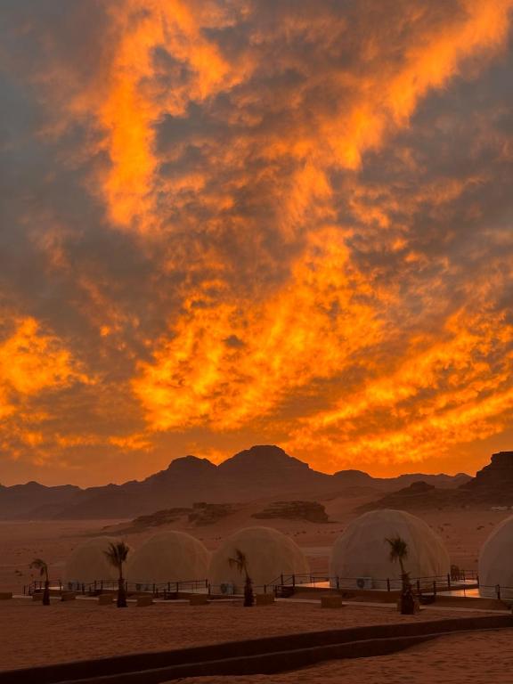 a sunset in the desert with domes and palm trees at desert princess luxury camp in Wadi Rum