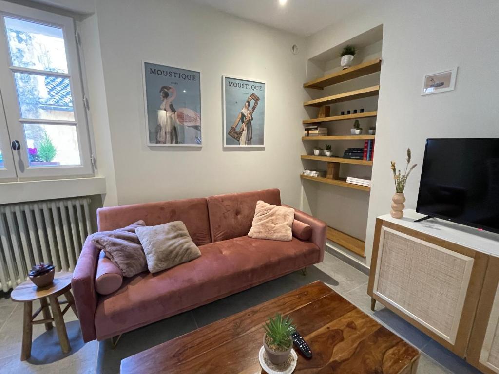 Il comprend un salon doté d'un canapé brun et d'une télévision à écran plat. dans l'établissement Résidence Léonard - Centre historique Arles, à Arles