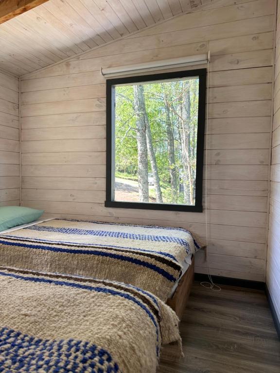 a bedroom with a window in a log cabin at Tiny House & Loft House in Panguipulli
