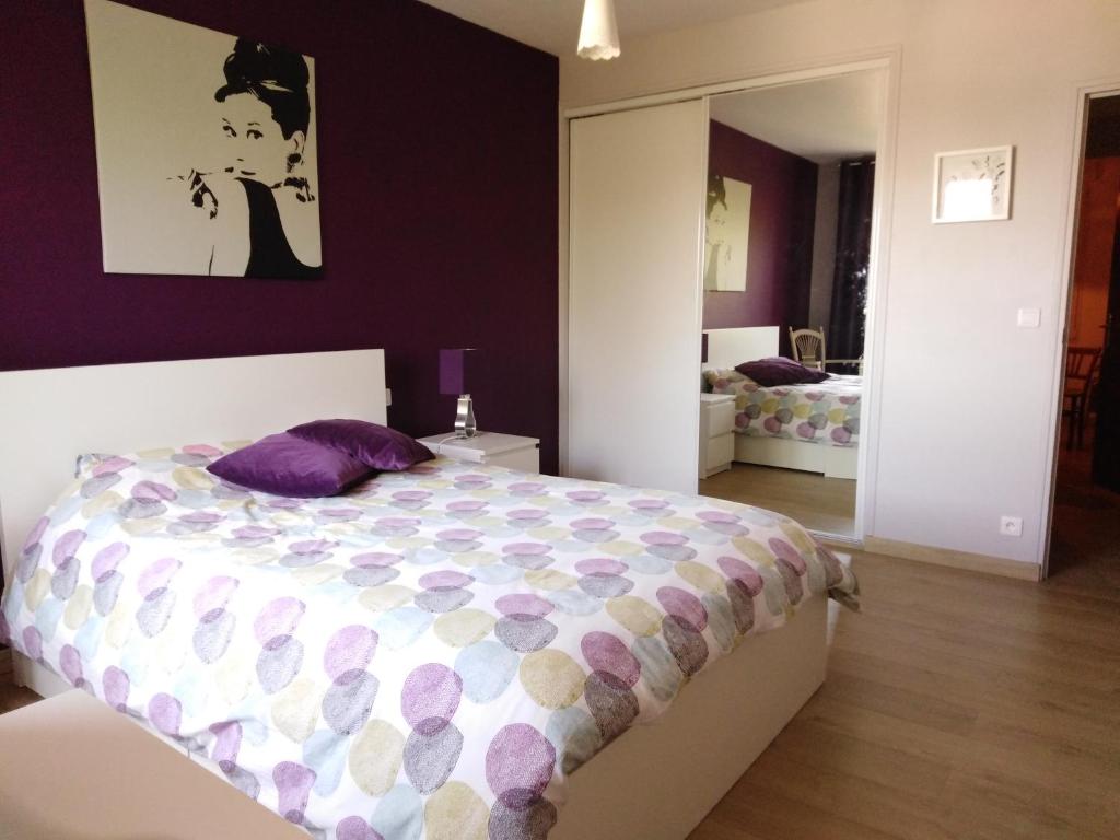 um quarto com uma cama com um edredão roxo e branco em Appartement confortable centre ville em LʼIsle-sur-la-Sorgue