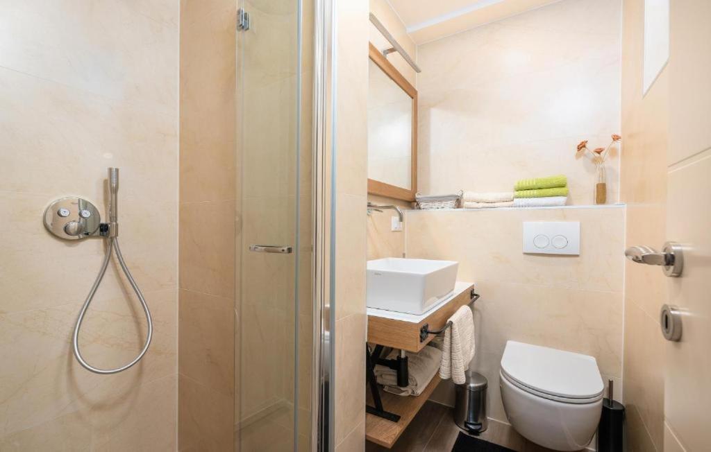a bathroom with a shower and a toilet and a sink at Guesthouse Casa Nova in Poreč