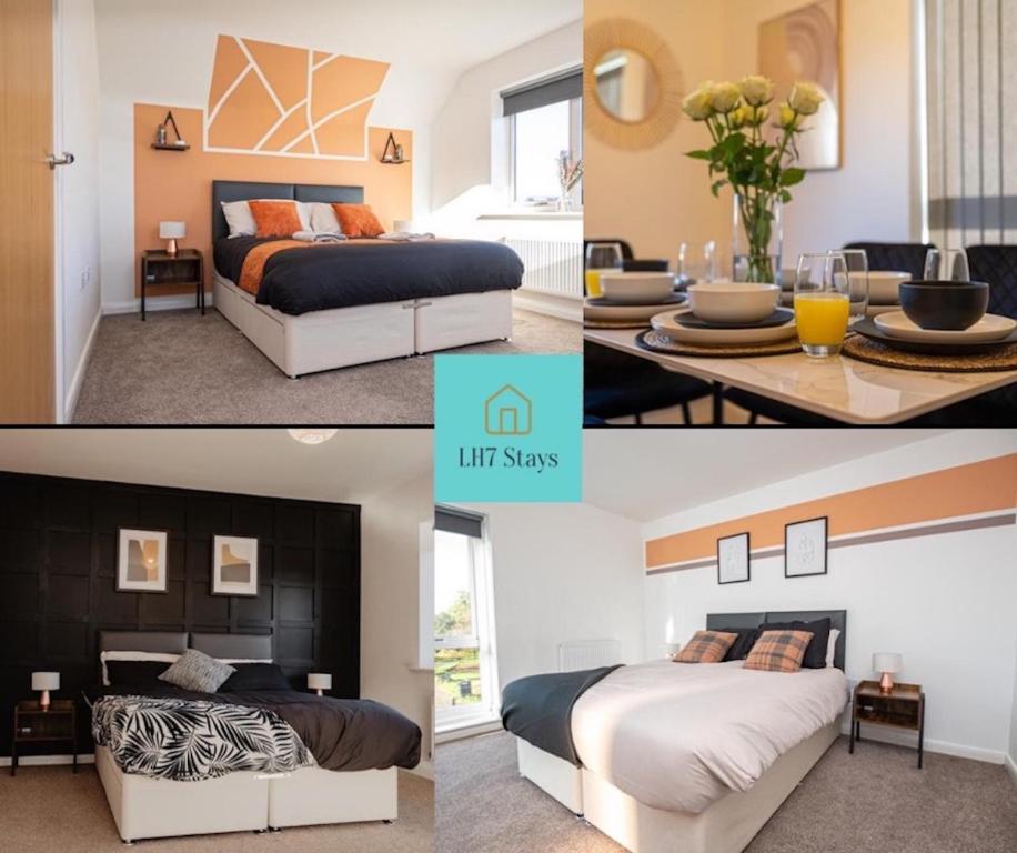 a collage of four pictures of a bedroom at Central, Large 4 double bedroom house in Leicester