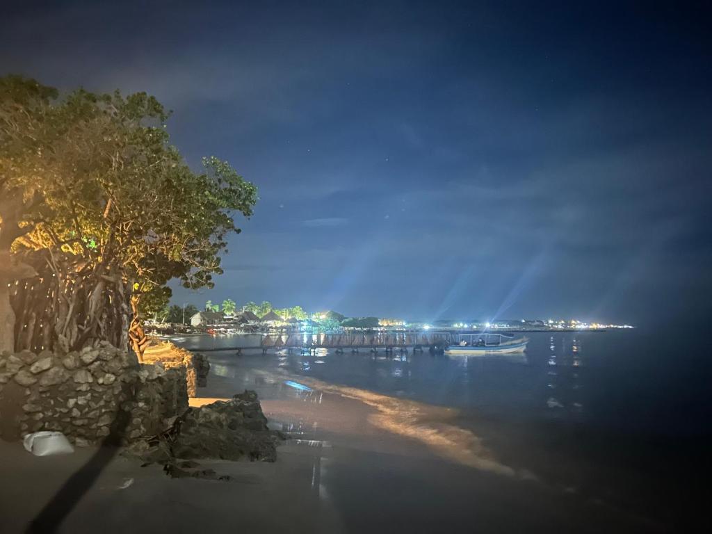 una vista de un cuerpo de agua por la noche en Punta Arena EcoHostal and EcoFit – Your Eco-Friendly Oasis 02 en Cartagena de Indias