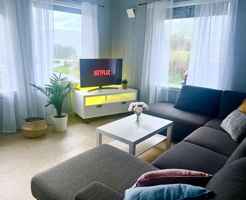 a living room with a couch and a tv at Apartment-B near Etne-Odda in Etnesjøen