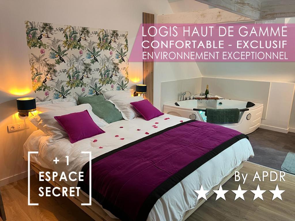 een poster van een slaapkamer met een bed en een bad bij Le Cocon des Remparts-Logis Élégant à Pierrefonds in Pierrefonds