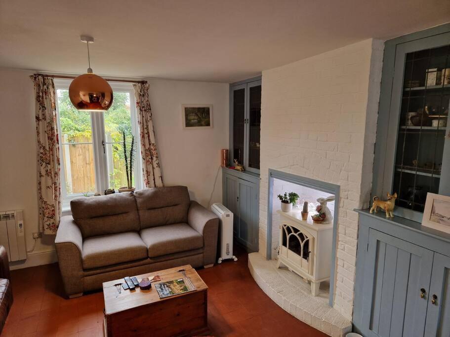 Lily Cottage In Idyllic Reedham في Reedham: غرفة معيشة مع أريكة ومدفأة