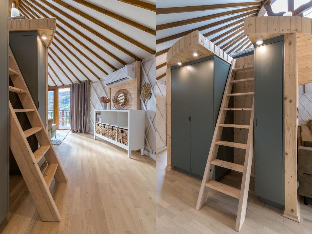 two views of a room with a loft bed at GÓRSKI GLAMPING - Całoroczne jurty z widokiem in Tylmanowa