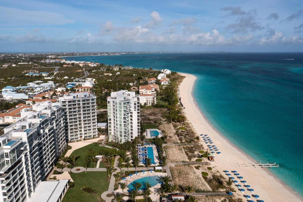 an aerial view of the beach and the ocean at The Ritz-Carlton Residences, Turks & Caicos in Providenciales