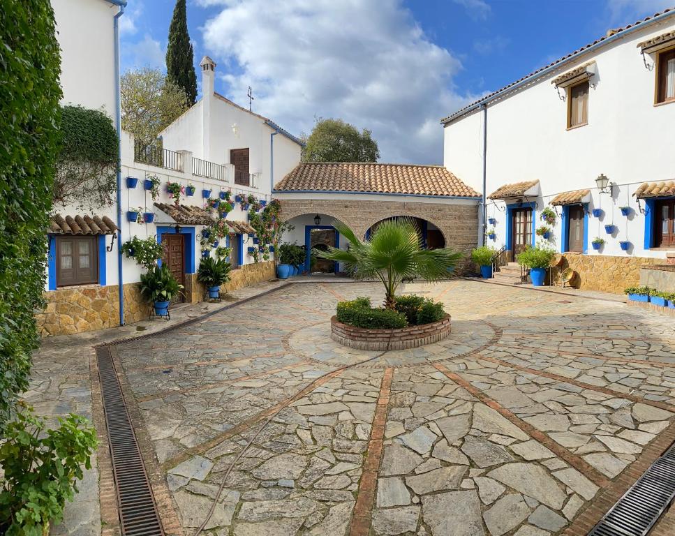 une cour d'une maison avec un palmier au milieu dans l'établissement Apartamentos Turísticos Rurales Dos Fuentes, à Cordoue