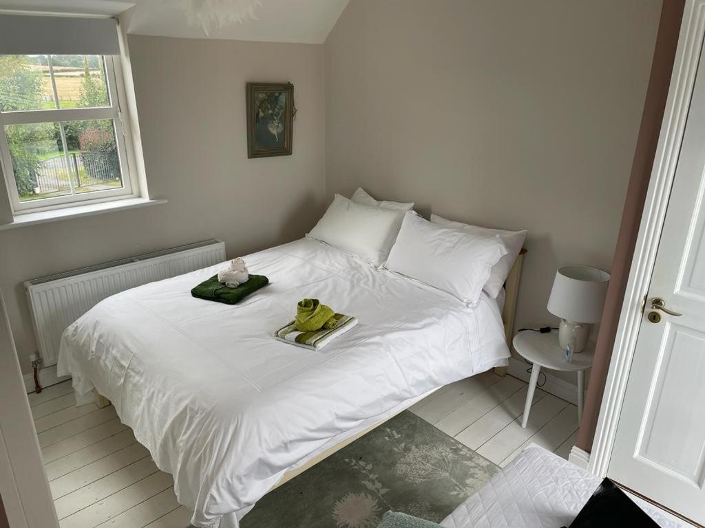 ein Schlafzimmer mit einem weißen Bett mit einem ausgestopften Tier darauf in der Unterkunft Burton Hall - Pauline in Carlow