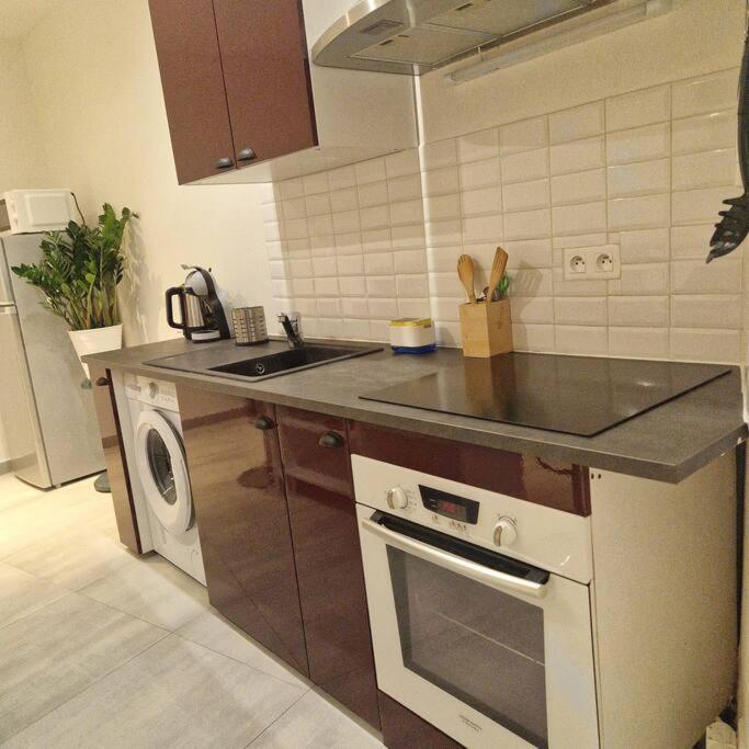 La cuisine est équipée d'une cuisinière, d'un évier et d'un lave-vaisselle. dans l'établissement Vieille-Ville de Nice 2 pièces proche Mer, à Nice