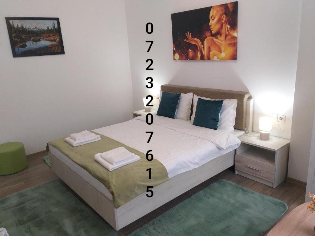 a room with a bed with numbers on it at Runk House in Câmpulung Moldovenesc