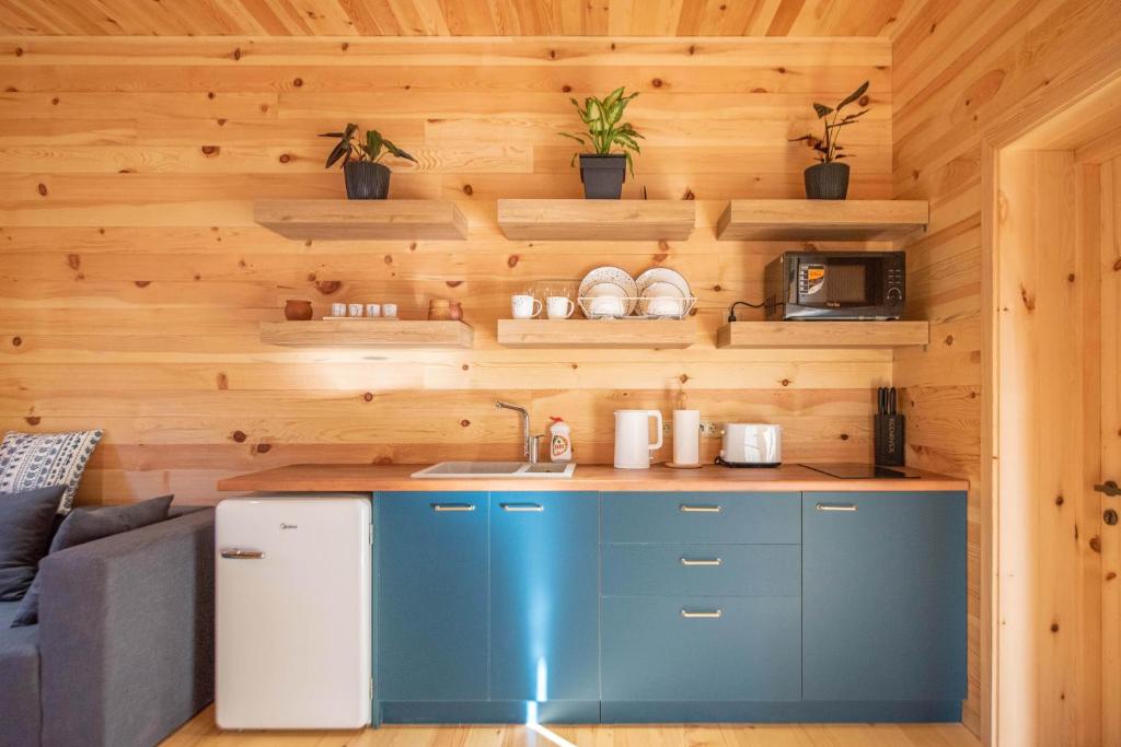 eine Küche mit blauen Schränken und einer Couch in einer Hütte in der Unterkunft Svaneti Countryside 5 in Mestia