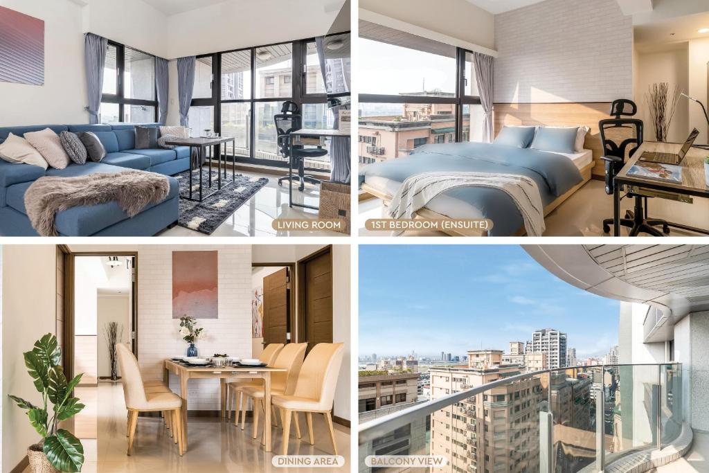 a collage of photos of a bedroom and a living room at High Floor New Bldg 4B2bLDK Ximending, Stunning Views • 高層新樓 4房2衛 西門町 美景 in Taipei