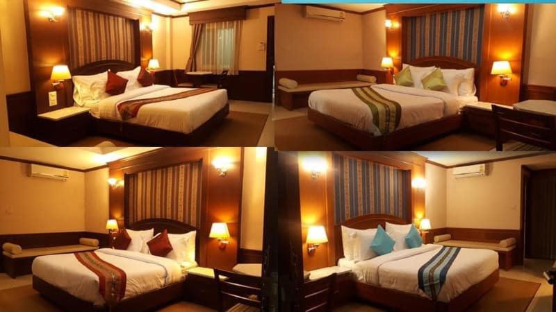 four pictures of a hotel room with two beds at The Lion King Hotel Udonthani in Udon Thani