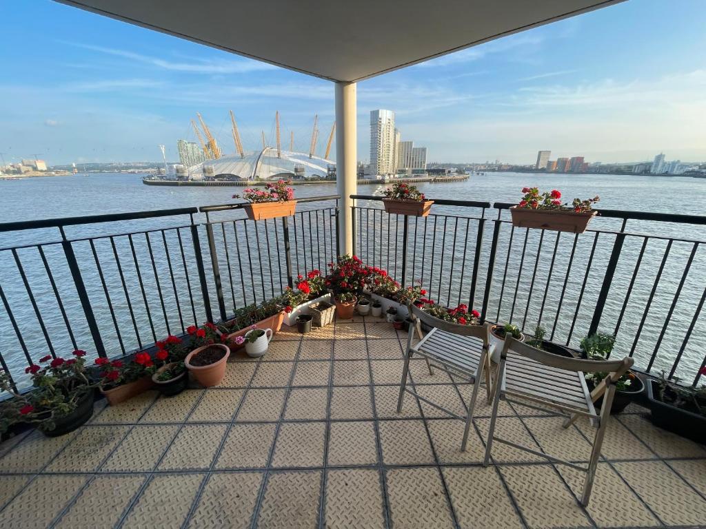 a balcony with potted plants and a view of the water at Very large ensuite room with wonderful view over the river Thames in a peaceful & calm residential building - SHARED flat with 1 host in London