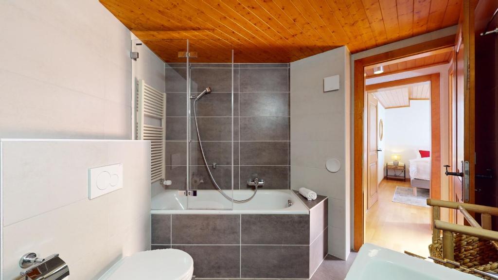 a bathroom with a toilet and a bath tub at No 8 Bed & Bar in Verbier