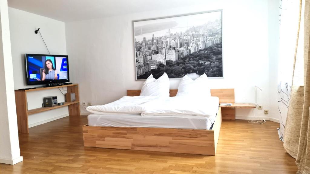 a bedroom with a bed and a tv in it at 50qm Flat am Uni Campus im Zentrum von Siegen in Siegen