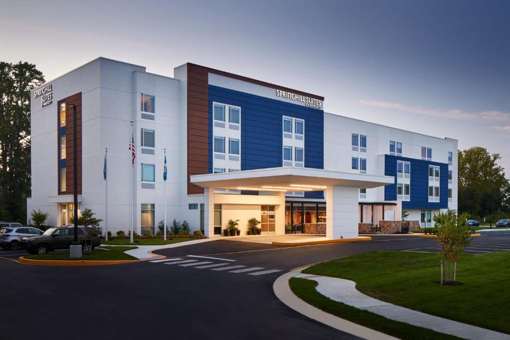 Cet hôtel occupe un bâtiment bleu et blanc. dans l'établissement SpringHill Suites by Marriott Frederica, à Frederica