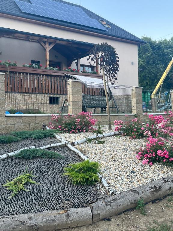 Hospůdka na konci světa في نوفي يتشين: حديقة بها زهور وردية أمام المنزل