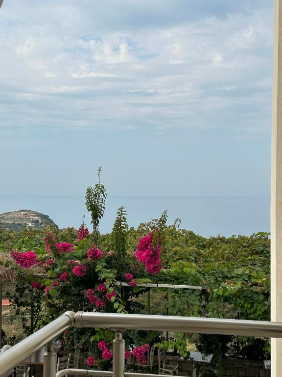 a view from a balcony with pink flowers at ELÉA Guesthouse himare in Himare