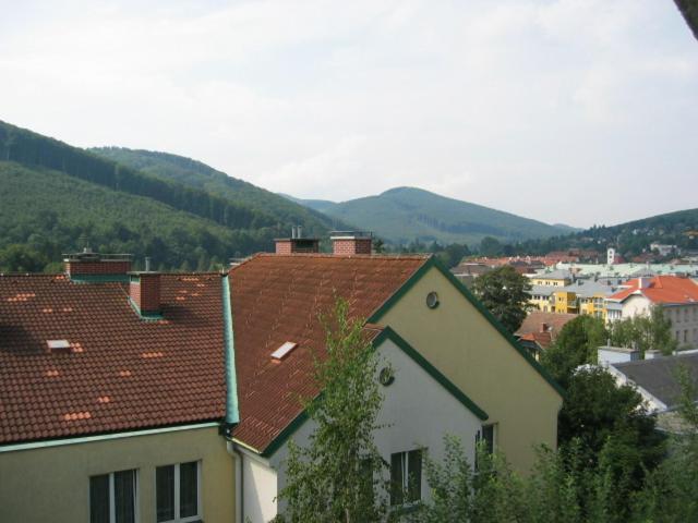 ein Haus mit roten Dächern in einer Stadt mit Bergen in der Unterkunft Wien Purkersdorf in Purkersdorf