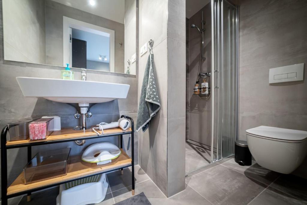 a bathroom with a sink and a toilet at Trio Harrachov in Harrachov
