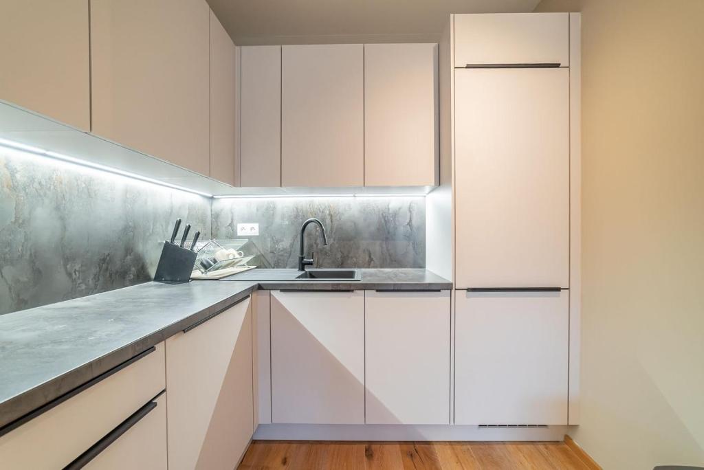 a kitchen with white cabinets and a sink at Trio Harrachov in Harrachov