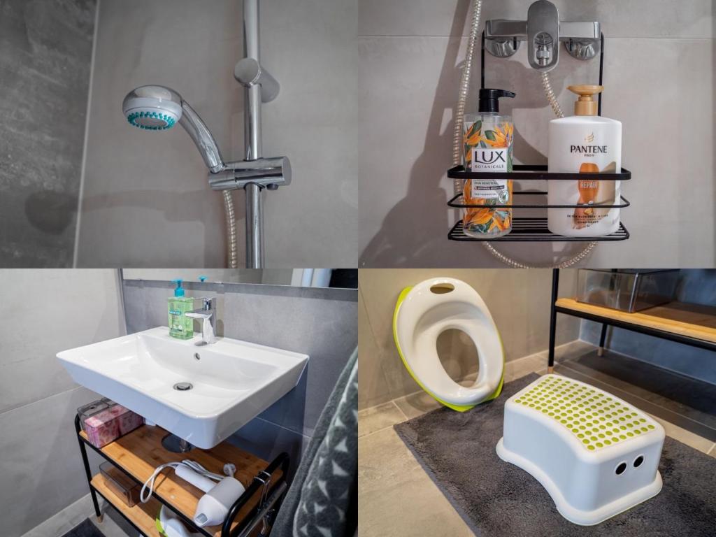 two pictures of a bathroom with a sink and a toilet at Trio Harrachov in Harrachov