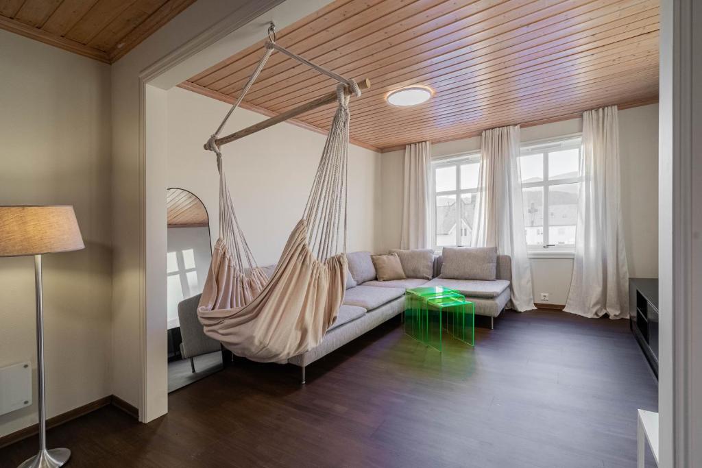 eine Hängematte im Wohnzimmer mit Sofa in der Unterkunft Charming and bright apartment in Ålesund city in Ålesund