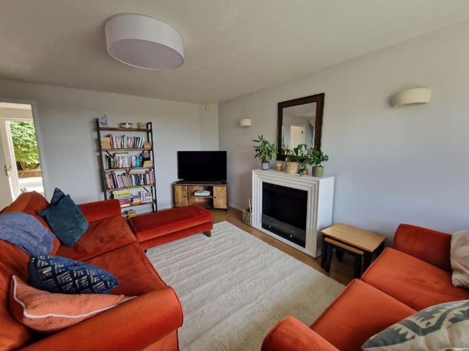 salon z czerwoną kanapą i kominkiem w obiekcie Modern 2 bedroom home with ample parking w mieście Henwick