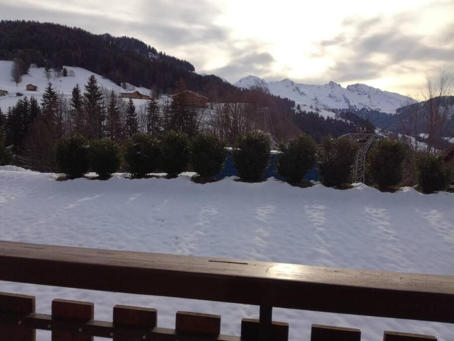 un champ enneigé avec des arbres et des montagnes dans l'établissement La Cascade: Appartement 4 personnes, au Grand-Bornand